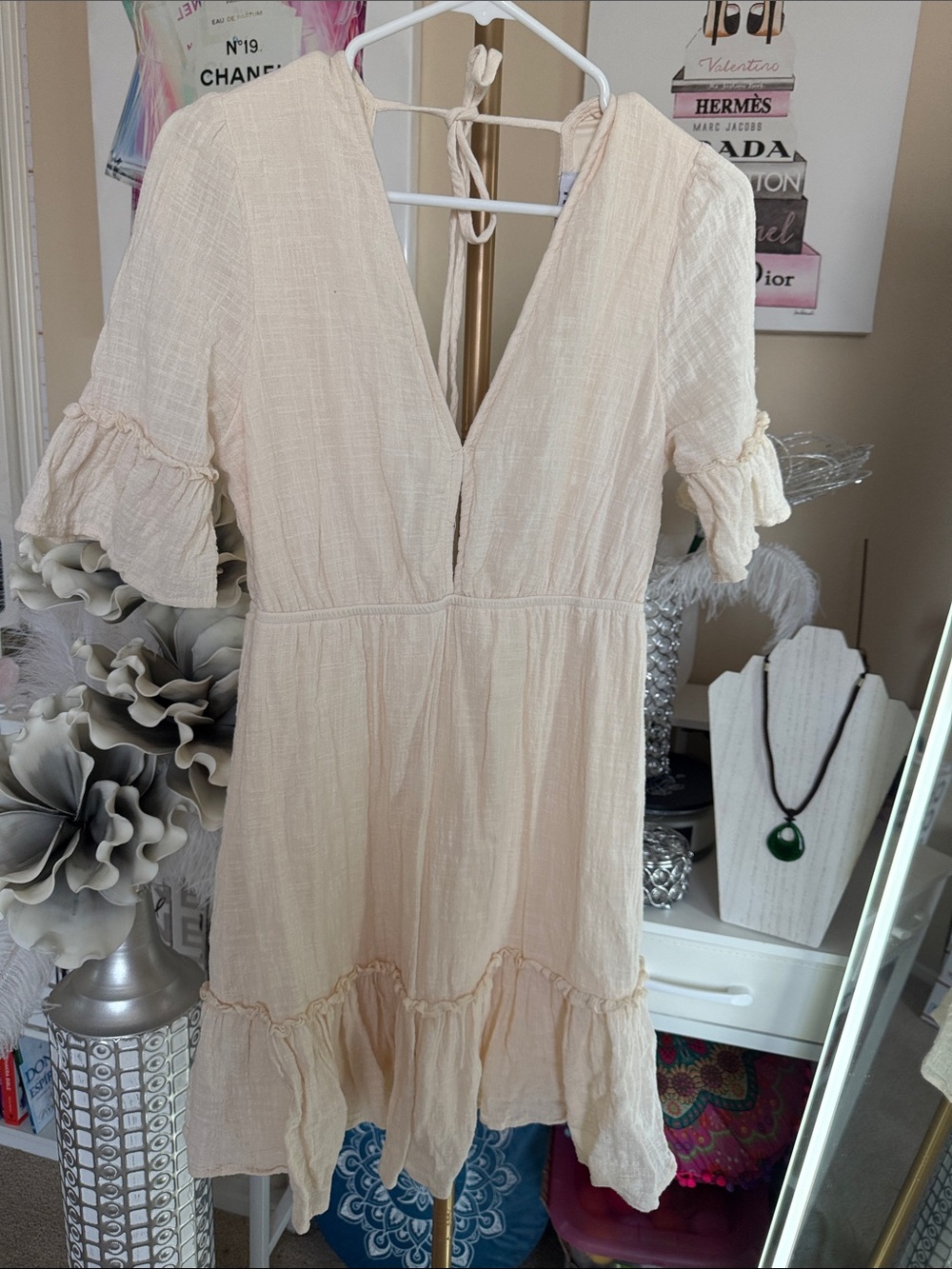 FAVLUX Cream Textured V-Neck Ruffle-Sleeve Mini Dress